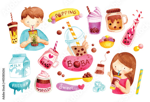 Cute boba drink in watercolor vector style illustration