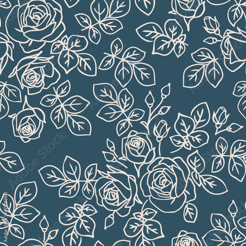 Seamless pattern with abstract garden roses, with buds and leaves silhouette. Blue background with blossoming outline flowers. Vintage floral hand drawn wallpaper. Vector stock illustration.