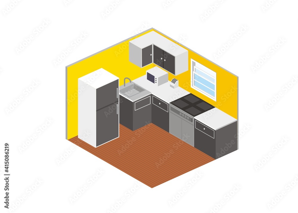 Kitchen interior illustration in isometric view. Kitchen interior illustration in isometric view.
