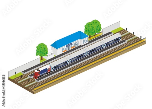 Passenger train stops at the railway station. Isometric view