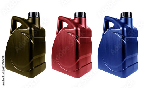 New three plastic oil canister isolated on white background with clipping path. Storage Tank. Canister for gasoline, diesel, gas. Plastic canister for technical liquids isolated over white