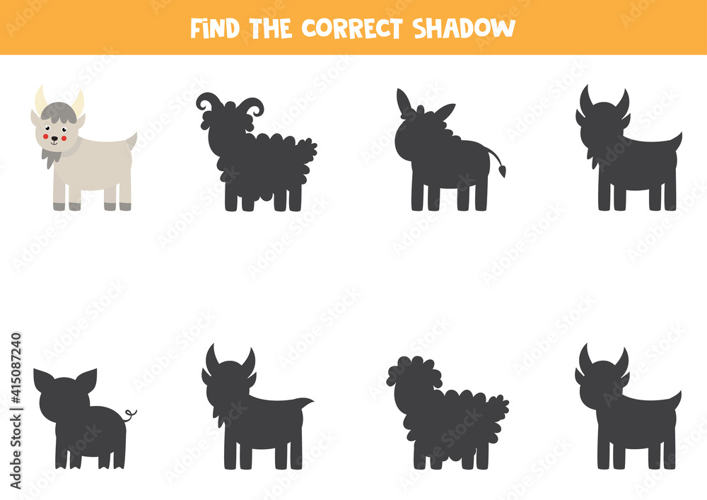 Find the correct shadow of farm goat. Logical puzzle for kids.