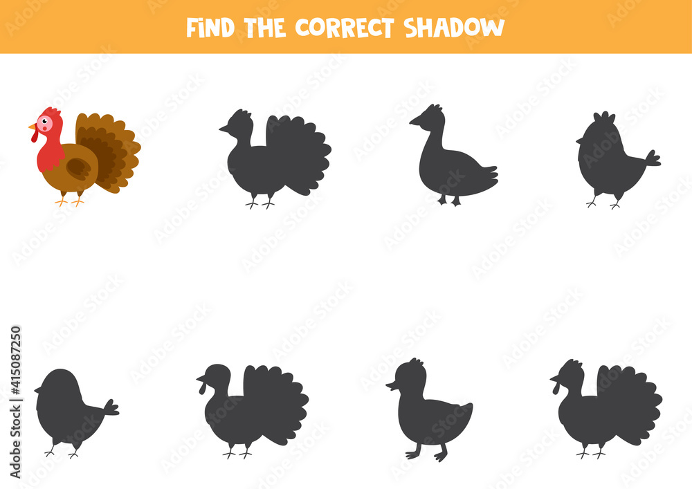 Find the correct shadow of farm turkey. Logical puzzle for kids. Find the correct shadow of farm turkey. Logical puzzle for kids.