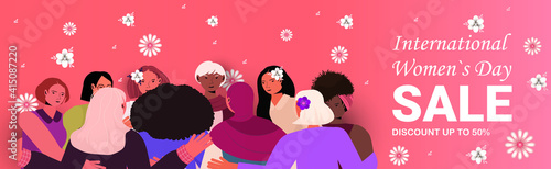 mix race women group standing together girls celebrating womens day 8 march holiday concept portrait horizontal vector illustration