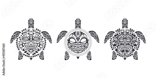 Set of Turtles in Tribal Polynesian tattoo style. Turtle shell mask. Maori and Polynesian culture pattern. Handmade. Vector illustration.
