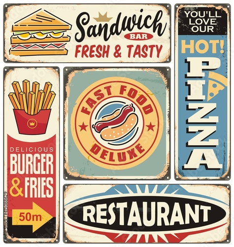 Fast food restaurants and diners retro signs collection. Burger, pizza, french fries, sandwich and hot dogs posters and vector design elements. 