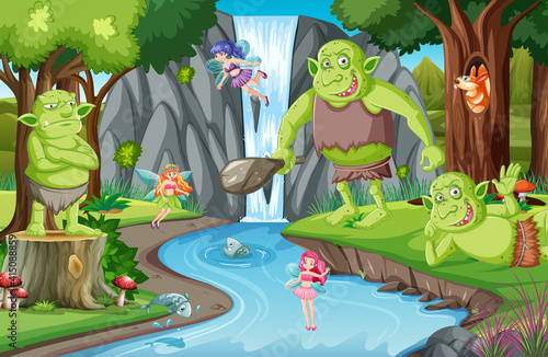 Forest scene with goblin or troll cartoon character