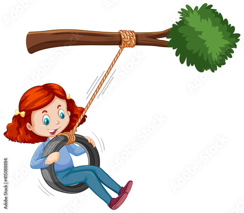 Girl playing tire swing under the branch on white background