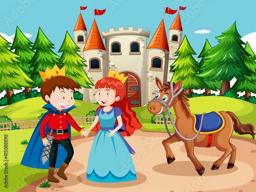 Fototapeta Naklejka Na Ścianę i Meble -  Scene with prince and princess at the castle