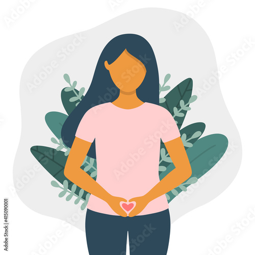 Woman with heart shaped hands on belly flat vector illustration isolated on white background. Woman's abdomen health concept.