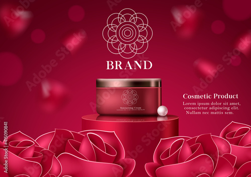 Cosmetic rose moisturizing product vector template design. Cosmetic product moisturizing cream with rose fragrance for skin care moisturizer mock up brochure advertisement. Vector illustration