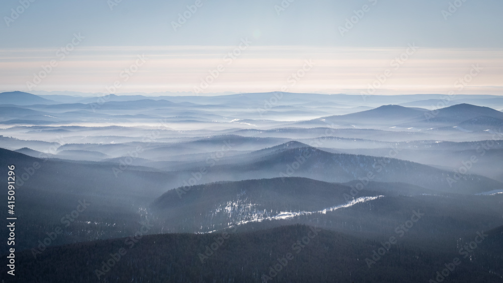 landscape forest mountains and fog leave you far, background
