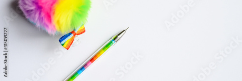 Colorful stationery. multicolored pen on white background. banner