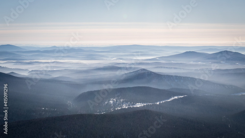 landscape forest mountains and fog leave you far  background