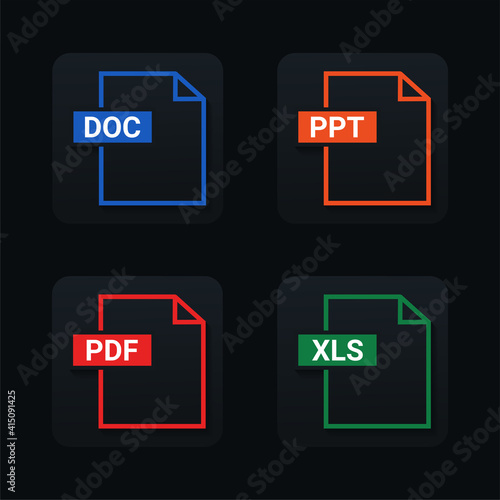 Set of format and extension of documents. PDF, DOC, PPT and XLS. File type. Isolated on black background. Illustration vector