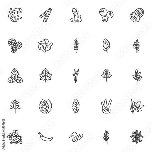 Spices and herbs line icons set. linear style symbols collection, outline signs pack. vector graphics. Set includes icons - peppercorn condiment, cardamom spice, cinnamon stick, thyme herb, basil leaf