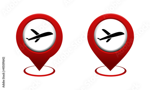 Set of map pointer with plane icon. Red map pin. Airplane path. Departure point. Airport location. Illustration vector