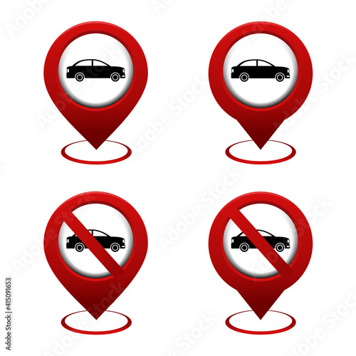 Free Download Set of map pointer with car icon. Red map pin. Car location. No car sign. Prohibited sign. IIlustration vector - GFXLoad