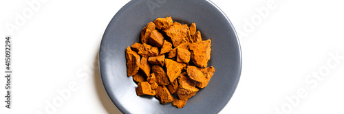 chaga mushroom. small dry chopped pieces of birch tree fungus chaga in a round plate isolated on a white background. concept of alternative natural medicine. banner photo