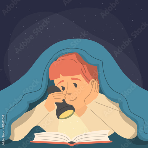 Girl reading book under the blanket and holding a torch. Night time, young female character hiding under blanket. Home leisure.
