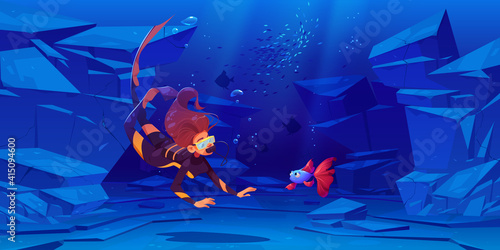 Woman scuba diver with mask look at cute fish under water in sea or ocean. Vector cartoon illustration of underwater landscape with stones, fishes and girl in diving suit with aqualung