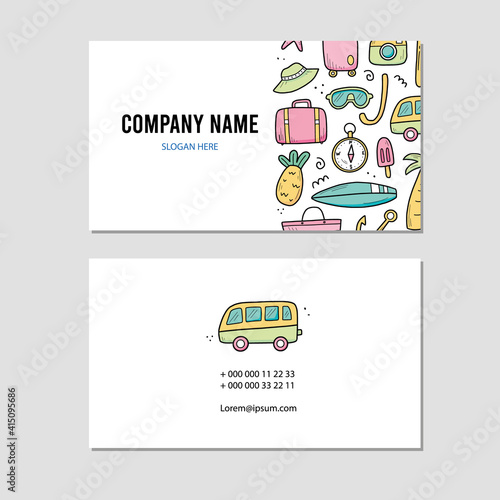Hand drawn visit card of travel summer vacation elements, luggage, map, suitcase, sea star. Doodle sketch style. Travel element drawn by digital pen. Illustration for business card design template.