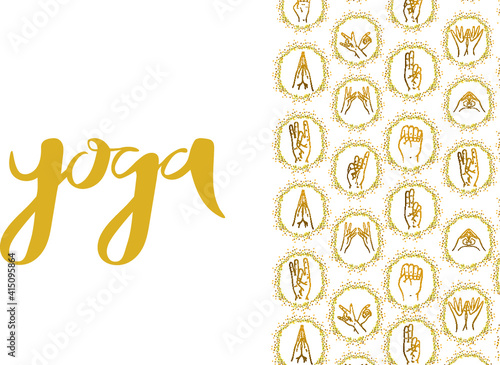 Vector illustration of handwritten text Yoga on the background of yoga hands as design for yoga studios, shops, cards, signs, business cards, banners.Badge, tag, icon, sticker, print.Background. EPS10