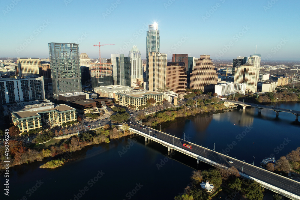 Aerial view of downtown Austin, Texas at sunset