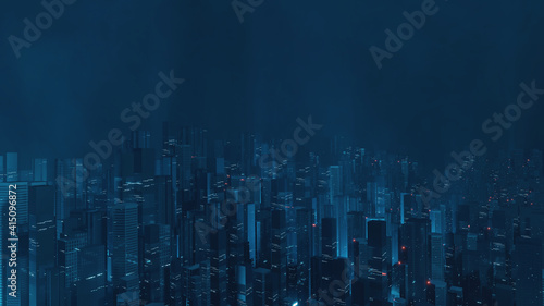 3D Rendering of futuristic virtual sci fi city. Many high sky scrapper building towers. Concept for night life, business vision, cyberpunk, technology product background