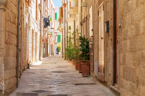 Italy, Apulia, Metropolitan City of Bari, Molfetta. Small cobblestone street and stone residential buildings.