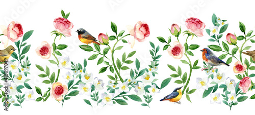 Fotografie Seamless pattern with blossom garden flowers and birds