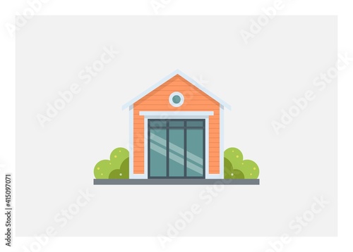 Small wooden building sliding glass door. Simple flat illustration.