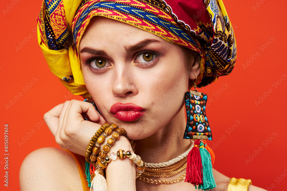 attractive woman red lips turban on head decoration makeup emotions