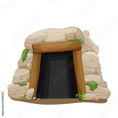 Old cave from stones, rocks with moss and grass in cartoon style isolated on white background. Entrance from wood planks, dark mystery tunnel. Location, construction, clipart, ui asset.