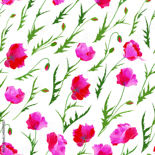 Vector seamless pattern  red and pink poppy flowers with green leaves and small buds on white. Floral design for textile  wallpaper  wrapping paper  notebook cover  card in nice vintage style