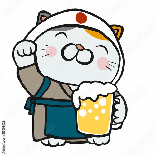 Japanese lucky cat (Maneki Neko) with beer mug cartoon vector illustration