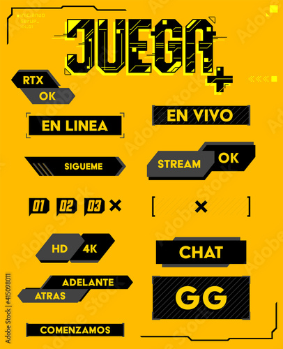Gaming Stream Interface elements in Spanish, vector editable design.