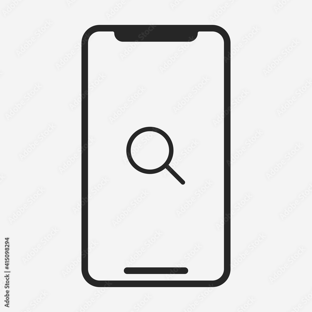 Magnifying glass on smartphone screen icon. Search symbol modern, simple, vector, icon for website design, mobile app, ui. Vector Illustration Magnifying glass on smartphone screen icon. Search symbol modern, simple, vector, icon for website design, mobile app, ui. Vector Illustration