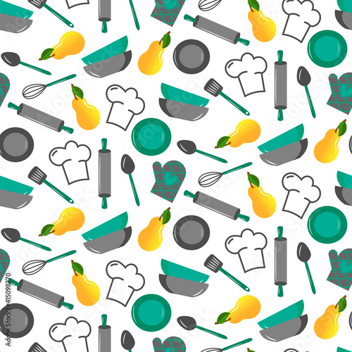 Pattern with kitchen utensils and fruits. Vector illustration isolated on white background. Set for design and use in various decor - wrapping paper, fabric, brochures, covers and scrapbooking