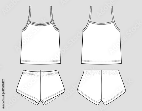 Pyjamas. Tank top and briefs (lingerie). Front and back view. Outline vector fashion illustration.Technical sketch of apparel. Mockup template