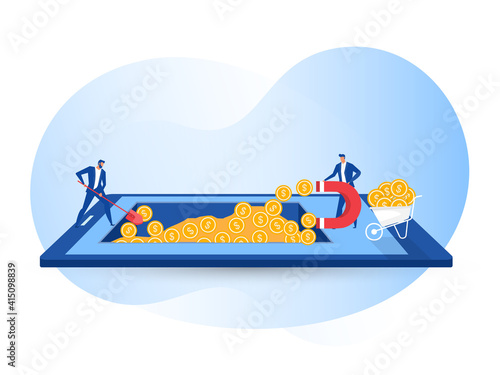 Businessman attracts money using a large magnet on mobile vector illustrator