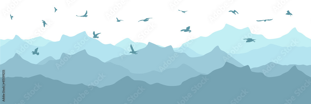 Beautiful wallpaper, landscape. Silhouette of flying birds over mountains. Vector illustration.