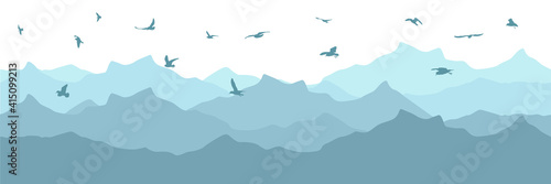 Beautiful wallpaper, landscape. Silhouette of flying birds over mountains. Vector illustration.