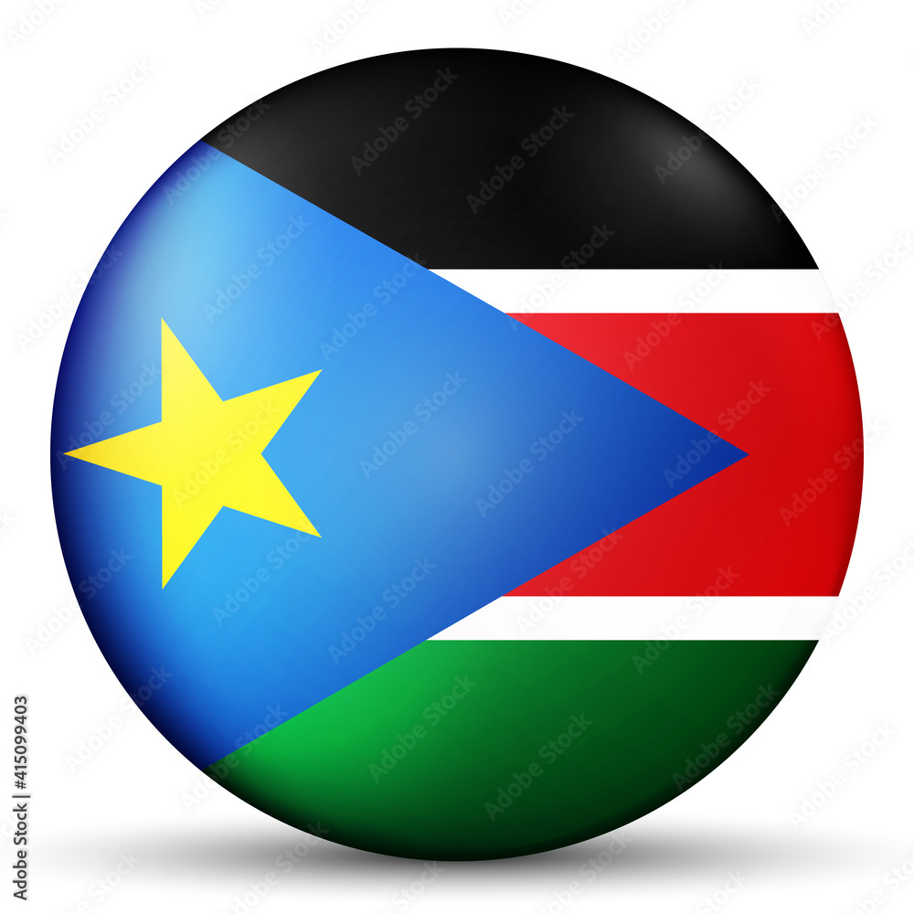 Glass light ball with flag of South Sudan. Round sphere, template icon. Sudanese national symbol. Glossy realistic ball, 3D abstract vector illustration highlighted on a white background. Big bubble. Glass light ball with flag of South Sudan. Round sphere, template icon. Sudanese national symbol. Glossy realistic ball, 3D abstract vector illustration highlighted on a white background. Big bubble.