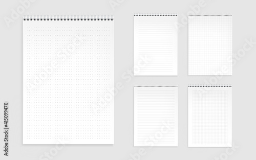 Notebook sheets, blank pages with lines, dots and checks. Memo pads, daily planner templates, notepad empty paper with binder spiral isolated on white background. Realistic 3d vector illustration, set