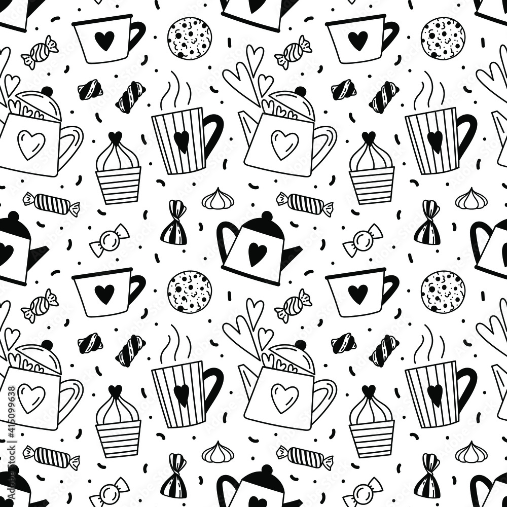 Vector seamless pattern with tea pots, mugs, cups and sweets. Doodle ...