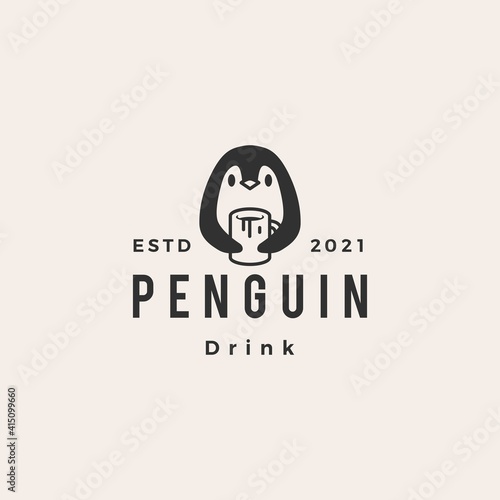 penguin drink mug cup hipster vintage logo vector icon illustration