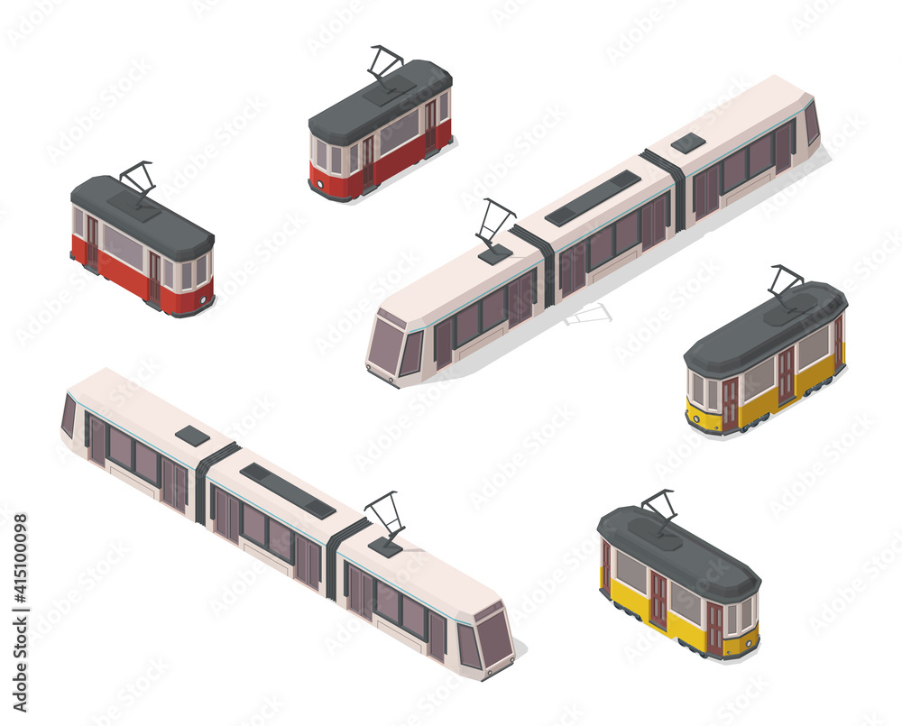 Vector isometric illustration of yellow, red and white trams. Railroad elements. Front and back. Old vintage and modern streetcars. City elements. Icons. - obrazy, fototapety, plakaty 