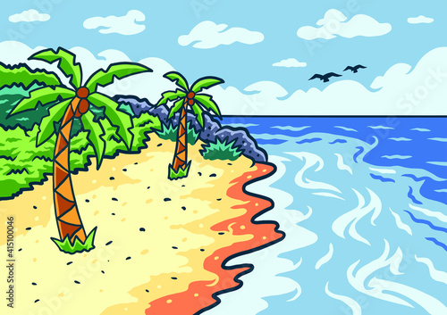Cartoon Beach background, hand drawn line style with digital color, vector illustration