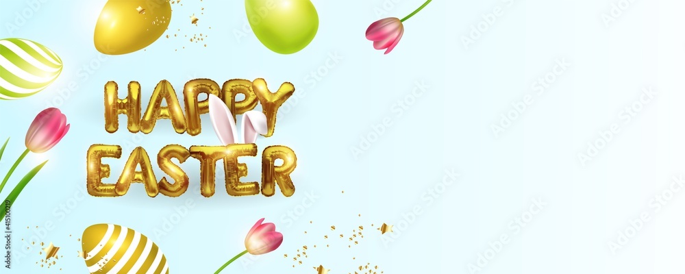 Happy Easter metal lettering background with realistic gold glitter decorated eggs, confetti, brushes. Vector illustration greeting card, advertising, promotion, poster, flyer, web banner, article Happy Easter metal lettering background with realistic gold glitter decorated eggs, confetti, brushes. Vector illustration greeting card, advertising, promotion, poster, flyer, web banner, article